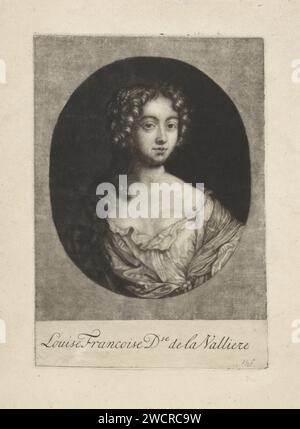 Portret van Louise de la Baume Le Blanc de la Vallière, Jacob Gole, 1670–1724 Druck Louise Francoise de la Baume le Blanc, Herzogin von La Vallière, Geliebte von Lodewijk XIV Unter dem Porträt ihr Name und ihr Titel. Amsterdamer Papierstich Stockfoto
