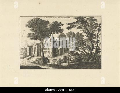 Ansicht von Huis in Blotinghe in Rijswijk, Cornelis Elandts, 1663 - 1670 Print Ansicht von Huis in Blotinghe in Rijswijk. Im Vordergrund, bei einer Baumparty, reden zwei Männer miteinander. In der Luft eine Banderole mit dem Titel des Abdrucks. Diese Burg wurde zwischen 1590 und 1715 von Mitgliedern der Familie de Nobelaer bewohnt, von denen einige den Titel Lord van Klinkland trugen. Die Haager Papierätzburg. Landschaft mit Turm oder Schloss Haus in Blotinghe Stockfoto