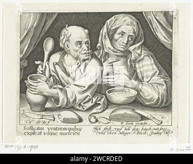Mann und Frau essen Vater, Nicolaes de Bruyn, 1581 - 1656 Printmann und Frau sitzen am Tisch und essen Vater. Der deutsche Vers am Rande unter Anspielung auf den nahrhaften Brei, bei dem eine Person mager bleibt. Niederlande Papiergravur Essen. Getreide Stockfoto
