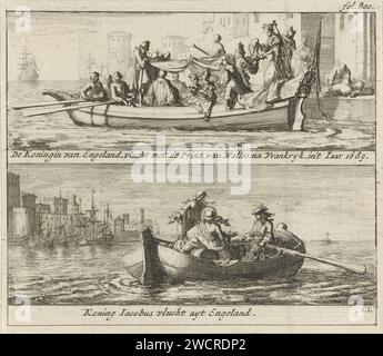 Flug vom König und der Königin nach Frankreich, 1688, Jan Luyken, 1689 gedrucktes Blatt mit zwei Aufführungen. Über dem Flug der Königin Maria von Modena nach Frankreich, 19. Dezember 1688. Unter dem Flug von König Jacobus II. Nach Frankreich, 20. Dezember 1688. Oben rechts markiert: Fol. 800. Printmacher: Amsterdamprinter: Utrechter Papierätzenflug des Herrschers vor dem Gegner Stockfoto