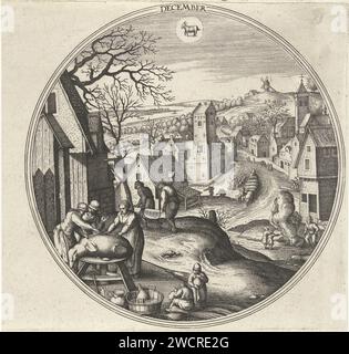 Dezember, Adriaen Collaert, nach Hans Bol, 1578 - 1582 drucken Runde Liste einer Winterlandschaft mit Winterszenen. Dezember ist der Schlachtmonat. Zentral ist die Schlachtung von Schweinen, nach der die Tiere geräuchert und eingelegt werden. Im Hintergrund werden die Rinder zur Schlachtung gebracht. Mitten im Sternbild Steinbock. Der Druck ist Teil einer zwölfteiligen Serie über die zwölf Monate hinweg. Antwerpener Papierstich Dezember und seine „Arbeiten“ (+ mit Sternzeichen). Geschlachtete Rinder oder Schweine Stockfoto