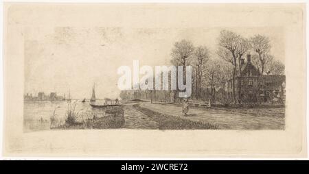 Häuser an der Amstel, Elias stark, 1887 Druckhäuser entlang des Flusses Amstel. Eine Frau läuft auf der Straße. Nieuwer-Amstel Papierätzung Fluss (+ Landschaft mit Figuren, Personal) Amstel (Fluss) Stockfoto