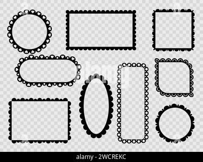 Rahmen und Rahmen mit Muschelrand, Rüschenbänder mit Stoffverzierung. Vektor-gewellte runde, ovale, quadratische und rechteckige Formen mit schwarzen, eleganten Kurven rühmen sich zarter Vintage-Raffinesse Stock Vektor