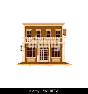 WESTERN Wild West Town Friseurladen, Cartoon-Gebäude der alten amerikanischen Country-Szene. Braunes Holzhaus des Friseursalons oder Friseursalons mit Retro-Friseurstange, Holzfassade, Veranda und Balkon Stock Vektor