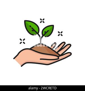 Pflanzensymbol, Spross im Boden in der Hand mit grünen Blättern, lineares Vektorsymbol. Landwirtschaft, Gartenbau Agrarwirtschaft lineares Symbol für Baum- oder Pflanzenzweigwuchs für Gartenbau Stock Vektor