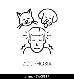 Menschliche Zoophobie Phobie Symbol, psychische Gesundheit. Angst vor Tieren, mentales Störungslinienvektorsymbol. Psychologisches Problem umreißen Piktogramm oder Schild mit einem Mann, der Angst vor Katzen- und Hundespielen hat Stock Vektor