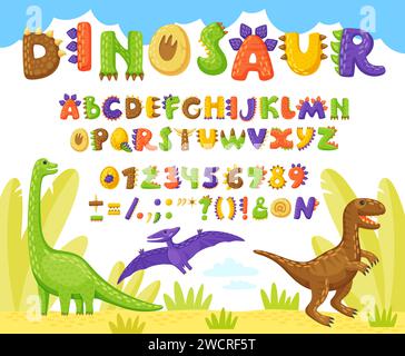 Cartoon Dino Schriftart, Dinosauriertyp oder lustige Reptilienschriftart mit Tieren englisches Alphabet, Vektor ABC. Kinder-Dinosaurier- oder Jurassic-Reptilien-Schriftart mit Dino-Buchstaben und Dinosaurier-Schriftzeichen Stock Vektor