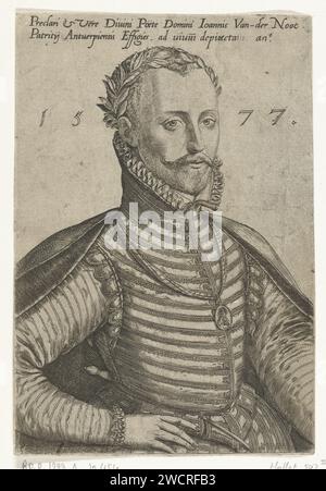 Porträt von Jan van der Noot, Abraham de Bruyn, 1577 Druck Jonker Jan van der Noot, niederländischer Dichter, in der Hälfte dargestellt, gekrönter Lorbeerkranz. Medaille um seinen Hals mit dem Bild eines Musikers, der auf einer Seilwinde spielt. Lateinische Inschrift. Antwerpener Papiergravur Stockfoto