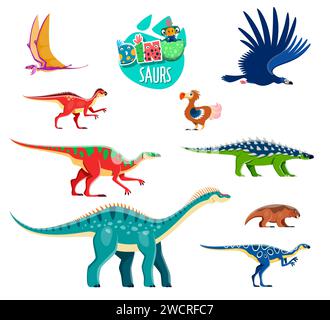 Lustige Dinosaurier-Zeichentrickfiguren. Tier-, Paläontologie- oder prähistorische Reptilienvektorpersönlichkeit aus der Jurassic-Ära. Dimorphodon, Argentavis, Dodo und Saichania, Anatotitan und Gipsilofodon sind ausgestorben Stock Vektor