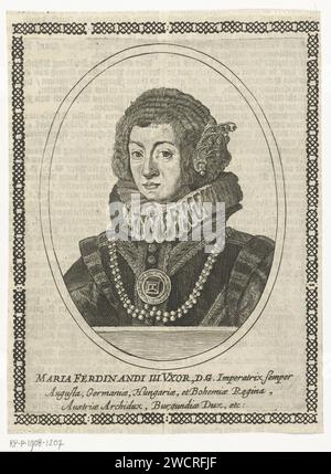 Portrait van Maria Anna van Spann, Cornelis Danckerts (I), 1613 - 1656 Druck Portrait von Maria Anna van Spain, Gemalin Ferdinand III, Bruststück mit Plissee und Schmuck in Oval. Mit Text im Buchdruck auf Verso. Niederlande Papiergravur Stockfoto