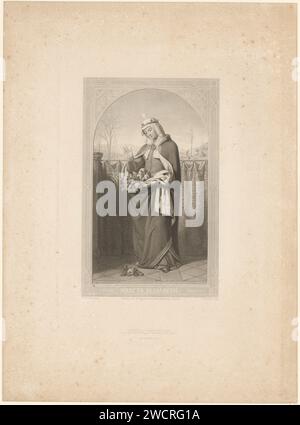 St. Elisabeth van Thüringen, Alexander Rordorf, nach Franz Ittenbach, 1800 - 1899 Printverlag: Zürich (Stad) Verlag: Düsseldorf Verlag: Paris Papierstahlstich Ehefrau und Witwe des Landgrafen von Thüringen und Franziskanertertiär Elisabeth von Ungarn; mögliche Attribute: Bettler, Krüppel, Fisch, Brote, Lepra, Kirchenmodell, Krug, Rosen auf dem Schoß, Schimmelkopf, drei Kronen Stockfoto