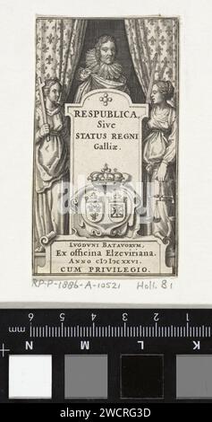 Allegorische Darstellung mit glaube und Gerechtigkeit, Pieter Serwouters, 1626 Print Faith and Justice flankieren einen durchdringenden Stall, auf dem der Titel des Buches zu sehen ist. Darüber, zwischen zwei Vorhängen, die Büste des französischen Königs Ludwig XIII., darunter seine Waffe in einer Kartusche. Darunter der Eindruck. Printmacher: Amsterdampublisher: Leidenpublisher: Leiden Papierstich / Ätzung Justice (Justice) als römische Personifikation. Glaube, "Glaube"; "Fed", "Glaube Katholisch", "Fed Christ", Fed Christian Catholic Church (Ripa) - eine der drei theologischen Tugenden - mm - Tugenden triumphierend Stockfoto
