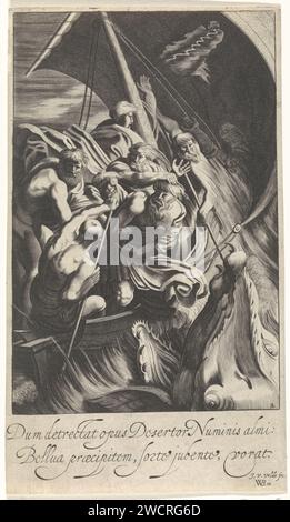 Jona ins Meer geworfen, Jan van de Velde (II), nach Willem Pietersz Buytewech, 1603–1641 Druck Jona wird ins Meer geworfen, um von einem großen Fisch verschluckt zu werden. Zweiter Druck aus einer Viererserie über das Bibelbuch Jonah. Das Papier der Nordniederländer, das die Seeleute ätzt, wirft widerwillig den Propheten Jonah ins Meer Stockfoto