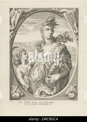 Ceres a Proserpina, Jan Frederik Christiaan Reckleben, nach Jan Saenredam, nach Hendrick Goltzius, 1841 Druck Ceres, Göttin der Landwirtschaft, als Verkörperung des Überflusses der Erde. Sie ist mit einer Krone aus Ecken geschmückt und hat das Horn des Überflusses im Arm und eine Sichel in der Hand. Neben ihr steht ihre Tochter Proserpina. Zwei Drachen und landwirtschaftliche Produkte sind in den Ecken des Rahmens zu sehen. Druckerei: Amsterdamafter Design von: Haarlem Papierstich (Geschichte) Ceres (Demeter). "Cornucopia", Horn des Überflusses Stockfoto