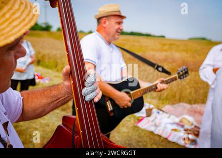 Nahaufnahme des Schmuggels. Der Musiker spielt Doppelbass mit bandagierten Fingern, Musik für Glück und Erfolg, bevor die Bauern anfangen, zu ernten Stockfoto
