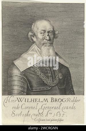 Porträt von Sir William Brog, Crispijn Van den Queborn, 1635 gedruckt Porträt von Sir William Brog, von 1588 Colonel bei den Scottish Brigades im State Service. Brog hat eine Verletzung an der Nase. Der Haager Papierstich Stockfoto