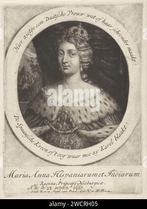 Porträt der Königin Maria Anna von Spanien, Jacob Gole, 1682–1724 Druck Maria Anna, Königin von Spanien und Prinzessin von Neurburg. Ehefrau von Karel II. Von Spanien. Sie trägt eine Krone und einen Krönungsmantel. Amsterdamer Papier-Gravurkrone (Symbol der Souveränität). Mantel, Kleid, Kleid (Symbol der Souveränität) Stockfoto