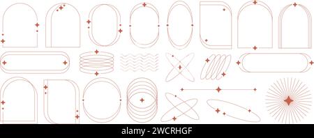 Ästhetische Rahmenform. Minimale Grafikelemente mit Sternen umreißen. Abstrakte Bo-Ho-Bögen mit Glitzereffekt. Trendiges geometrisches Vorlagenset für Poster und Stock Vektor