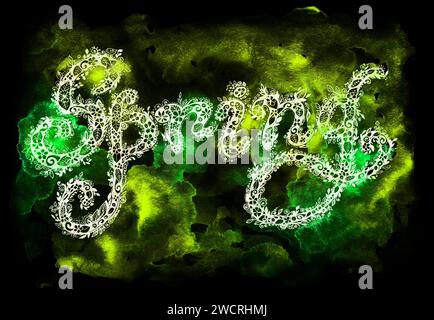 Kritzelnde Schrift Spring. In weiß. Hintergrund von gelb-grünen Flecken mit Aquarellunschärfe auf Schwarz. Das Wort besteht aus Blumen, Blättern, Locken und anderen dekorativen Elementen. Inversion. Stockfoto