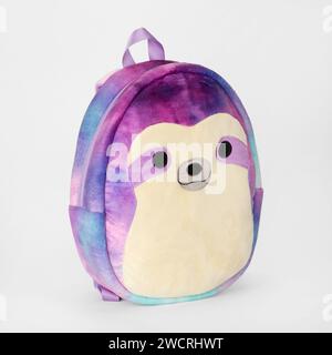 Crossbody Unicorn Messenger Kinder Tasche Aufbewahrungsbeutel Handtasche Handtasche Handtasche Baby Mädchen isoliert auf einem weißen Hintergrund. Reißverschlüsse und Schultergurte. Stockfoto