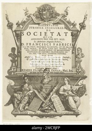 Architektonische Begleitung mit Büste von Kaiser Justinian und Minerva und Personifizierung der Gerechtigkeit, Francois van Bleyswijck, 1736 gedruckte architektonische Begleitung für Titel mit Büste von Kaiser Justinian auf Sockel flankiert von Minerva und Personifizierung der Gerechtigkeit. Zwei Büsten von Hadrian und Augustus zieren die Liste, die mit einer Waffe und einer Bindung an den Text Constantia Triumphhat ausgezeichnet wird. Leiden Papierätzung (Geschichte von) Minerva (Pallas, Athena). Gerechtigkeit, Justitia, Giustitia divina (Ripa)  eine der vier Kardinaltugenden Stockfoto