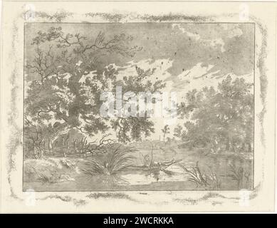 Landschaft mit zwei Fischern, Hermanus Fock, 1781 - 1822 Drucken Ansicht eines großen Baumes und eines Fischerbootes mit zwei Männern, von denen einer ein Fischernetz einbringt. Im Hintergrund, unter einem Baum, steht ein Mann mit einer Stange am Wasser. Amsterdamer Papierätzer Stockfoto