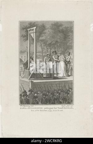 Marie Antoinette wird 1793 in die Guillotine gebracht, Christiaan Josi, nach Cornelis van Cuylenburgh (II), 1798 Druck Marie Antoinette wurde am 16. Oktober 1793 auf dem Place de la Révolution (heute Place de la Concorde) in die Guillotine gebracht. Soldaten beobachten im Vordergrund, auf dem Rücken. Am Rand eine zweiseitige Beschriftung auf Niederländisch. Amsterdamer Papierätzung Place de la Concorde Stockfoto