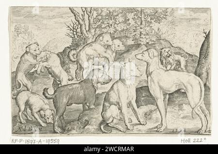 Nine Dogs, Nicolaes de Bruyn, 1621 Druckerei: Netherlandspublisher: Amsterdam Papierstich Hund Stockfoto