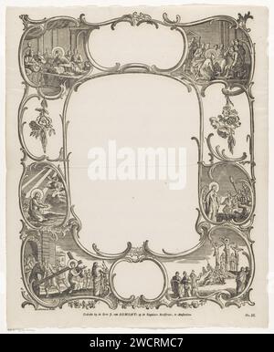 Rahmen mit Aufführungen aus dem Neuen Testament, Hendrik Numan, 1761–1804 Druck ornamentierter Rahmen mit sechs Darstellungen von Geschichten aus dem Neuen Testament, einschließlich Christus wäscht die Füße der Jünger, Christus am Hof von Getsemane und das Kreuz-Tragen Christi. Unten rechts 'Nr. III Printmacher: Haarlem Verlag: Amsterdamer Papier Christus wäscht die Füße der Apostel (Johannes 13:1-20). Qual Christi; drei (oder elf) Apostel schlafen. Tragen des Kreuzes: Christus trägt das Kreuz, allein oder mit Hilfe anderer (z. B. Simon der Kyrenier) Stockfoto