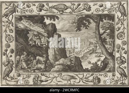 Daniël in der Leeuwenkuil, Adriaen Collaert, nach Hans Bol, 1582 - 1586 Druck Heuven Landschaft. Im Vordergrund eine Höhle mit Löwen, in der Mitte Daniel. Das Schauspiel wird dem Propheten Habakkuk von einem Engel gezeigt, der ihn mit seinen Haaren hält. Der Druck zeigt eine Liste mit Blumen und Vögeln. Er ist Teil einer vierbeinigen Serie von Landschaften mit biblischen, mythologischen Szenen und Jagdszenen. Antwerpener Papier mit dem Gravur des Propheten Habakkuk, der von einem Engel an seinem Haar getragen wird, bringt Daniel, der unverletzt zwischen den Löwen sitzt, Nahrung. Daniel wird in eine Löwengrube geworfen, König Cyrus Stockfoto