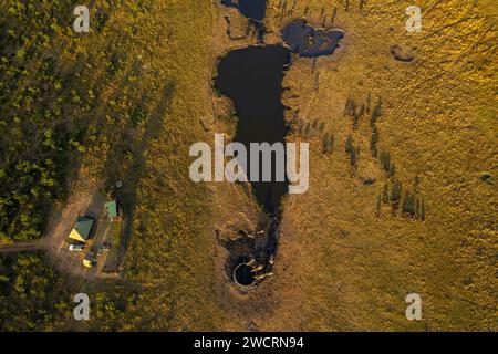 Eine Herde afrikanischer Elefanten, Loxodonta africana, wird in einem Wasserloch im Chamabonda Vlei, Zambezi-Nationalpark, gesehen. Stockfoto