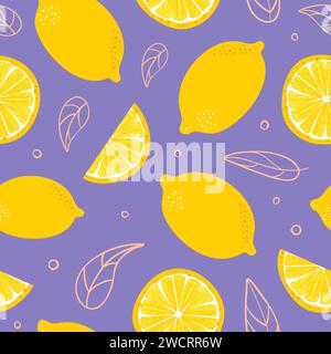 Nahtloses Zitronenmuster im minimalistischen Stil. Tropische exotische Früchte, Blätter. Gesunde Ernährung. Für Menü, Café, Tapete, Stoff, Verpackung Stock Vektor