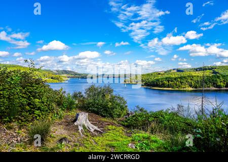 Blick auf das Biggesee bei Attendorn im Stadtteil Olpe mit der umliegenden Natur. Landschaft am See im Sauerland. Bigge Dam. Stockfoto