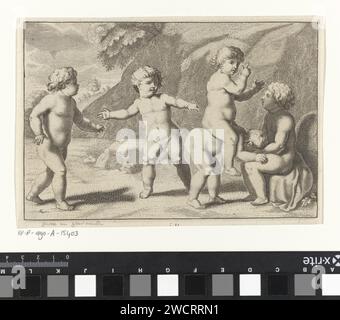 Reitpferd, Michiel Mosijn, nachdem Cornelis Holsteyn, 1640–1655, Ein Kind auf den Rücken eines anderen Kindes fährt. Sie werden von drei weiteren Kindern begleitet. Vielleicht spielen sie das Spiel Bok Stavast. Amsterdamer Papiergravur Pick-a-back, Huckepack Stockfoto