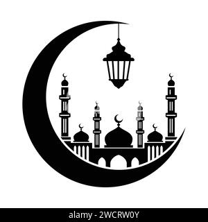 Moschee und Sichel Mond, handgezeichnetes Vektor-Illustration Design, isoliert auf Sichel Mond und Laterne Design. Stock Vektor