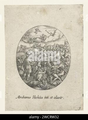 Oval mit den olympischen Göttern in den Wolken, Abraham van den Hecken, 1608 Druck von links nach rechts: Mars, Juno und Jupiter, Bacchus und Diana. An der Spitze der musikalischen Putti. Blatt 3 aus Serie, bestehend aus einer Titelseite und 11 Blättern mit Designs für Uhrendeckel. Amsterdam (möglicherweise) Papier, in dem die olympischen Götter zusammen graviert sind: Jupiter, Juno, Neptun, Ceres, Apollo, Diana, Mars, Venus, Quecksilber, Minerva, Vulkan, Vesta (oder Bacchus). Mehr als ein Musiker mit Instrument. Cupiden: „amores“, „amoretti“, „Putti“ Stockfoto