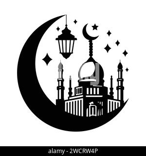 Moschee und Sichel Mond, handgezeichnetes Vektor-Illustration Design, isoliert auf Sichel Mond und Laterne Design. Stock Vektor