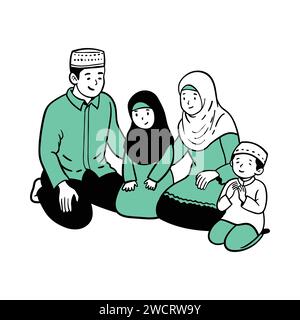 Linienkunstvektor der Gebetszeit in muslimischer Familie während des Ramadan. Der Segen des Fastens und sein Bruch nach dem Abend. Handgezeichnete Vektorgrafik Stock Vektor