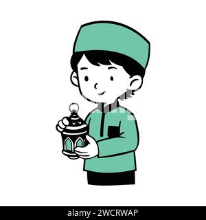 Linienkunstvektor der Gebetszeit im muslimischen Jungen während des Ramadan. Der Segen des Fastens und sein Bruch nach dem Abend. Handgezeichnete Vektorgrafik Stock Vektor