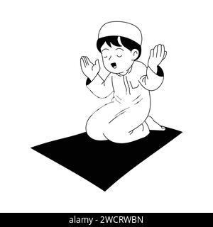 Linienkunstvektor der Gebetszeit im muslimischen Jungen während des Ramadan. Der Segen des Fastens und sein Bruch nach dem Abend. Handgezeichnete Vektorgrafik Stock Vektor
