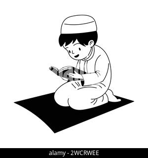 Linienkunstvektor der Gebetszeit im muslimischen Jungen während des Ramadan. Der Segen des Fastens und sein Bruch nach dem Abend. Handgezeichnete Vektorgrafik Stock Vektor