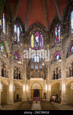 Inneres der Basilika St. Gereon, Köln/Köln, Deutschland, eine romanische Kirche von ca. 1200 mit ovalem Kirchenschiff, nach dem Krieg wieder aufgebaut, moderne Glasmalerei. Stockfoto