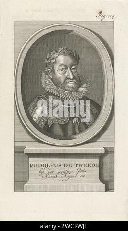 Porträt von Rudolf II. Von Habsburg, deutscher Kaiser Christian Friedrich Fritzsch (zugeschrieben), 1753 Druck Porträtbüste in Oval rechts von Rudolf II. Von Habsburg, deutscher Kaiser, bejubelt, in Hartzeug, an dem das Symbol des Ordens vom Goldenen Vlies hängt. Unter dem Oval sind sein Name und sein Titel auf einem Sockel aufgeführt. Oben rechts markiert: Seite: 114. Papierätzung Ritterorden des Goldenen Vlies Stockfoto