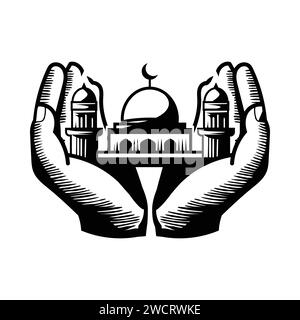 Handgezeichnet von Moschee in Gebetshand für ramadan kareem und eid mubarak Konzept. Betende Hände auf isoliertem Hintergrund. Vektorabbildung Stock Vektor