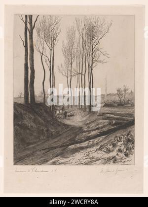 Landweg bei Vilvoorde, Carel Nicolaas Storm van 's-Gravesande, ca. 1872 - ca. 1910 Druck Baumstämme befinden sich im Vordergrund am Straßenrand. Im Hintergrund läuft ein Hirte mit einer Schafherde. Papierätzstraße, Pfad. Herde, Herde Vilvoorde Stockfoto