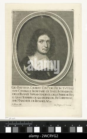 Porträt von Jean-Baptiste Colbert, Cornelis Meyssens, nach Adriaen van Bloemen, 1670 Druck Porträt von Jean-Baptiste Colbert, französischer Politiker und Finanzminister. Am Rand ein italienischer Text. Oben links nummeriert: 58. Wiener Papierstich Stockfoto