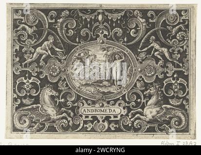 Cartouche: Perseus befreit Andromeda, Abraham de Bruyn, 1584 gedruckte Cartouche mit Perseus, der auf dem Pegasus-Pferd sitzt und gegen das Meeresungeheuer kämpft. Auf der rechten Seite ist andromeda an den Felsen gekettet. Ovale Kartusche im Rahmen von Figuren und Meeresmonstern vor schattiertem Hintergrund. Niederlande (möglicherweise) Papiergravur Perseus tötet das Meeresungeheuer (oder verwandelt es in Stein, indem er ihm den Kopf des Gorgons zeigt), um Andromeda freizulassen; manchmal beobachten ihre Eltern Cepheus und Cassiopea die Szene. Ornament  Kartusche. Seepferd, Hippocamp, Hippocampus, (Pferd/Fisch) (mythologisches Hybridmonster) Stockfoto