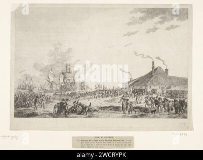 Abgang der englischen und russischen Truppen aus den Helder, 1799, Joannes Bemme, nach Dirk Langendijk, 1799 drucken die Soldaten der britisch-russischen Invasionsmacht verlassen den Helder am 29. November 1799. Im Hintergrund rechts die Unterkunft 'Het Wapen van Haarlem', links fahren die Männer in Schleppzügen zu den fertigen Schiffen. Druckerei: Netherlandsnach Zeichnung von: Den Helder Papier ätzenden Strand. Transport, Zug (Militär) (+ Segelschiffe) den Helder Stockfoto