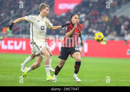 14. Januar Mailand - Italien - Sport, Fußball - Mailand vs Roma italienische Meisterschaft 2023/2024 - G. Meazza Stadium - im Bild: Noah Okafor (17 AC Milan Stockfoto