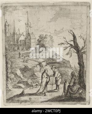 Landschaft mit Wahrsager, Anonym, nach David Teniers (II), 1700 - 1799 Druck Landschaft mit einigen Häusern und Türmen auf einem Hügel. Im Vordergrund liest ein Wahrsager die Hand eines Mannes. Da ist eine Frau mit einem Kind unter einem Baum. Niederländer Papierätzer Wahrsagerin  Vergnügungsmarkt und Zirkus. Chiromantik, Handlesen, Palmistik. (Hoch) Hügel Stockfoto